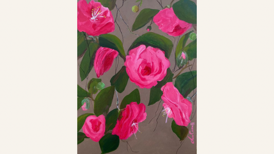 Pink camellia painting with green leaves by Charleston artist Tara Caswell